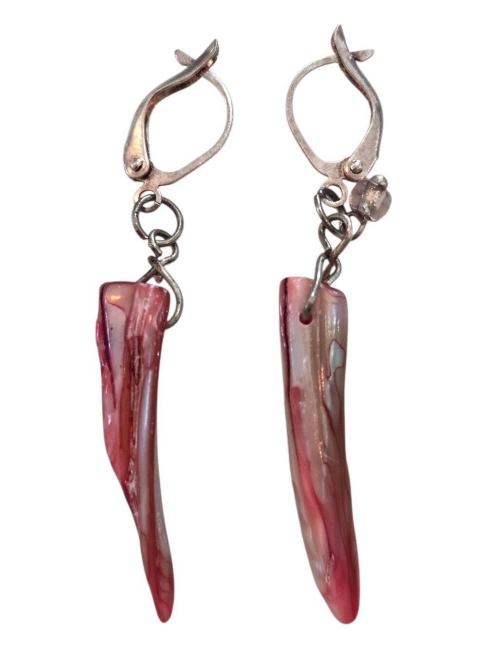 Vintage Pink Mother of Pearl Abalone Leverback Dangle Earrings Silver Tone